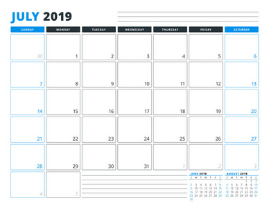 2019年7月日历模板。商业规划师模板。 文具设计。 一周从星期天开始。 景观定位。 矢量插图