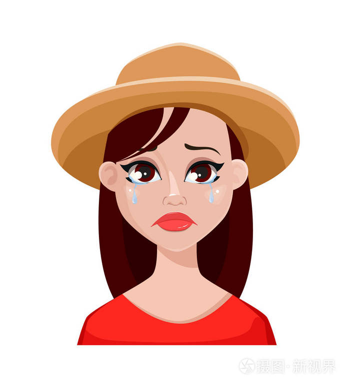 女性情绪哭泣. 美丽的卡通人物. 在白色背景上隔离的矢量插图.