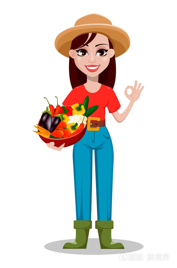 女农民卡通人物开朗的园丁女人牧场主拿着篮子和蔬菜白色背景矢量插图