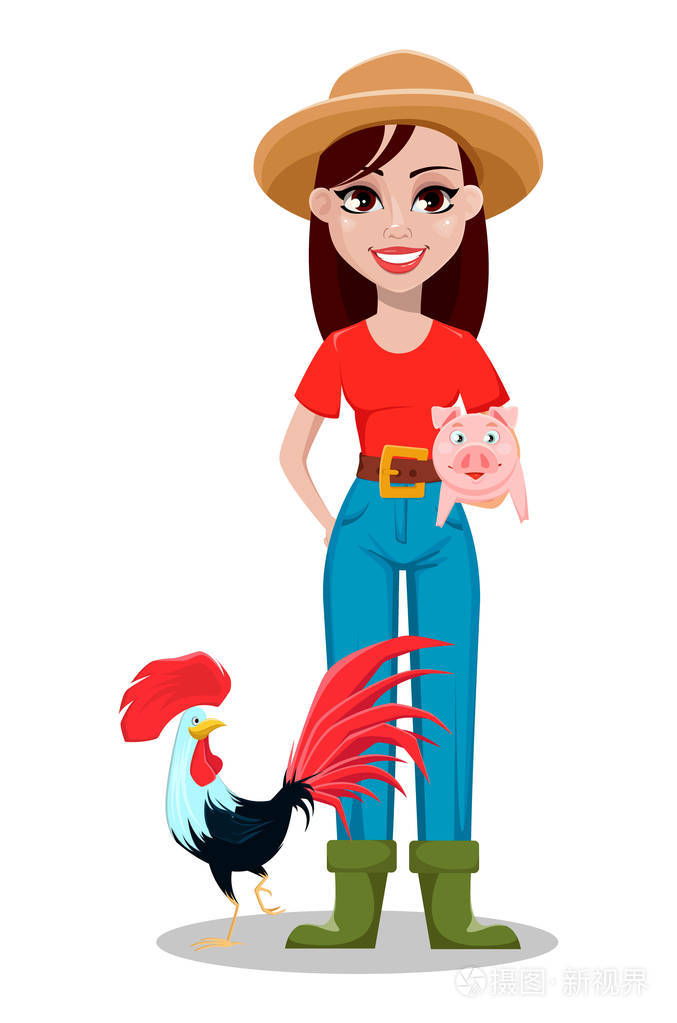 女农民卡通人物欢快的园丁女人牧场主站着猪和公鸡白色背景矢量插图