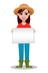 女农民卡通人物。 开朗的园丁女人牧场主拿着空白的标语牌。 白色背景矢量插图
