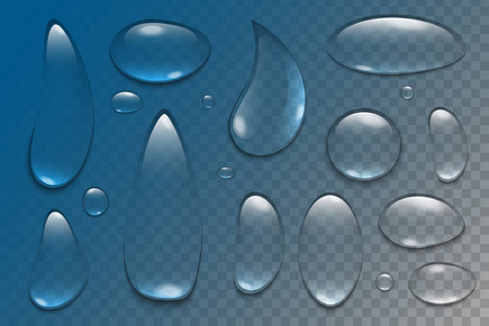 在透明背景下, 纯清水雨滴的创意矢量图解。逼真清晰的蒸气气泡艺术设计。抽象概念图形元素