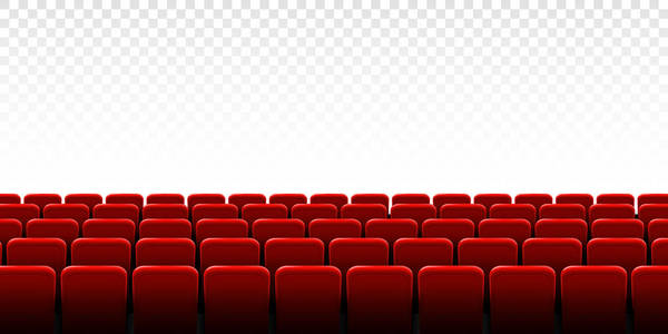 电影影院屏幕框架和剧场内部的创意矢量插图。艺术设计首映式海报背景, 灯光和排红座椅。抽象概念图形场景元素