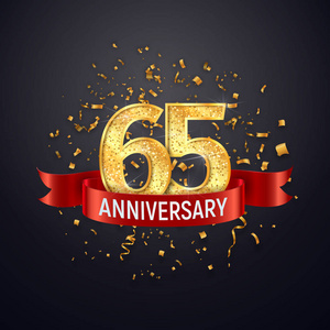 六十五庆祝金黄数字与红色丝带载体和五彩纸屑隔绝设计元素照片