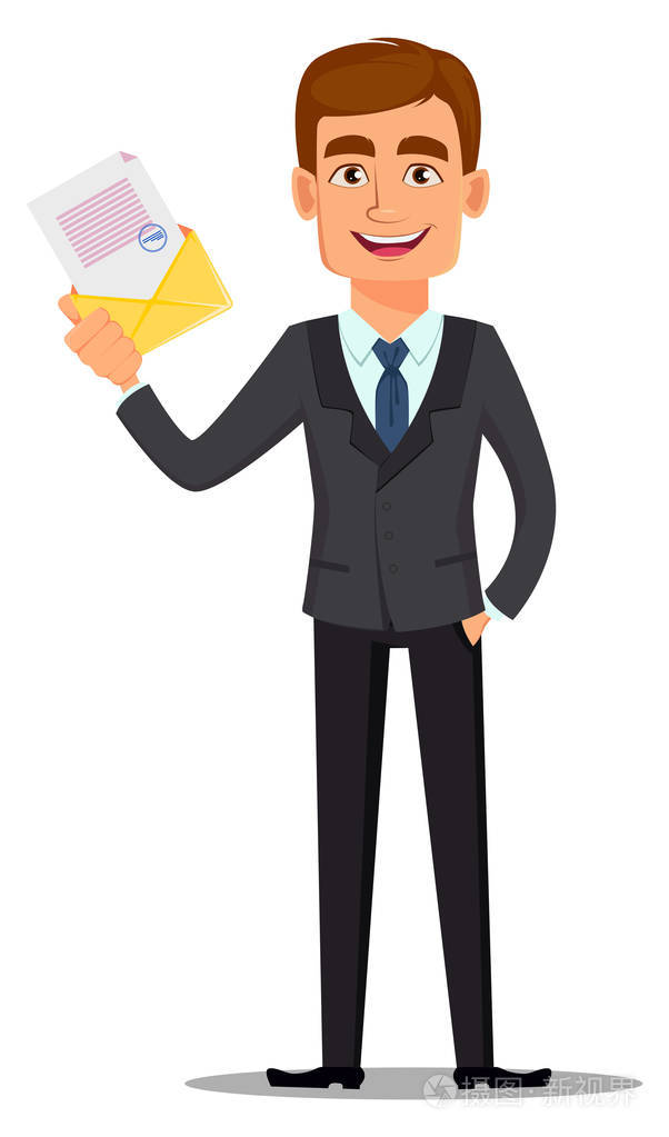 西装笔挺的英俊银行家欢快的卡通人物拿着信封和文件白色背景上的矢量