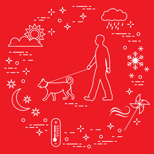 任何天气都有人用皮带遛狗。 太阳云雨风风车雪花温度计月星。