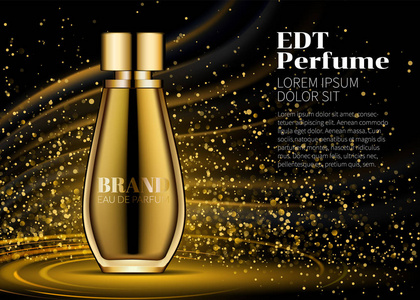 女人 Parfume 现实的黄金瓶样机在耀眼的背景。灯光和星星金色的散景。包含在玻璃模拟。优秀的广告。化妆品设计产品。3d 矢量