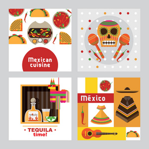 方形卡片模板专用于墨西哥，装饰有玉米饼龙舌兰海鸥和墨西哥食物和衣服。 四种设计适合传单或邀请。