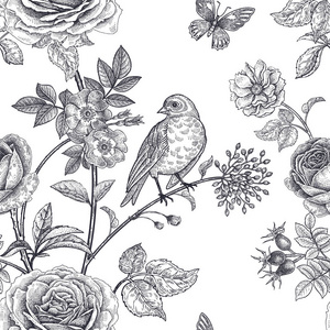 花园花玫瑰牡丹狗玫瑰鸟和蝴蝶。 花卉复古无缝图案。 黑白的。 维多利亚风格。 矢量图。 豪华纺织品纸壁纸模板
