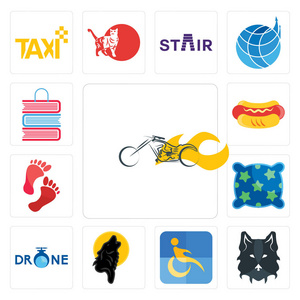 一套13个简单的可编辑图标，如斩狼脸残疾黑狼枕头脚印热狗书店，可用于移动网络UI。