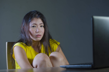 年轻的，相当害怕和不知所措的亚洲韩国女孩，看着笔记本电脑的压力，感到沮丧和害怕的网络欺凌概念被跟踪在互联网社交媒体上