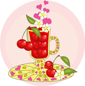 樱桃茶。用爱煮的茶。一个用樱桃浆果覆盖葡萄酒的高玻璃杯，上面装饰着树叶和鲜花