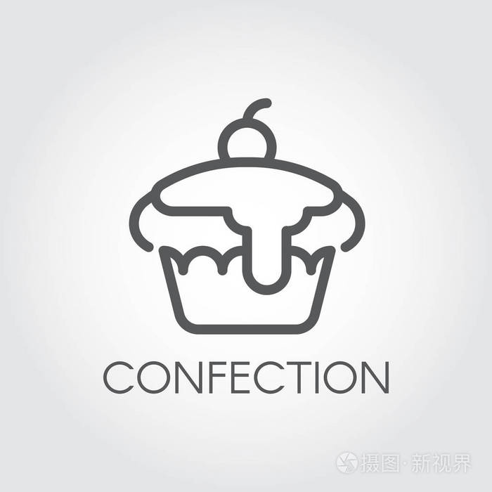 蛋糕细笔画图标.甜点符号.甜甜点线标志.喜庆的樱桃馅饼.生日面包店.