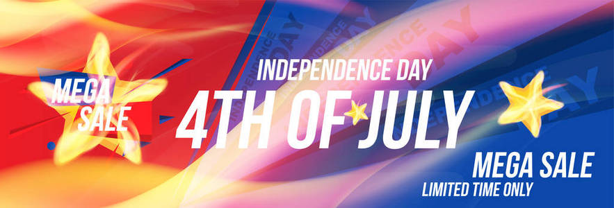 水平传单庆祝7月4日独立日快乐。 超级销售和热折扣与明星和现实的火焰。 美国国家假日活动。 平面矢量图eps10。