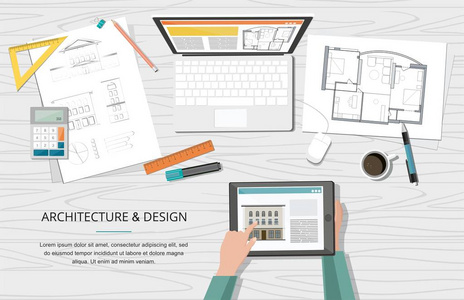 建筑项目建筑师房屋计划与工具，笔记本电脑和笔记本。 工作场所。 建筑背景。