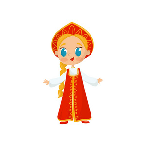 带长辫子的小女孩的平面矢量图标身穿俄罗斯民族服装.