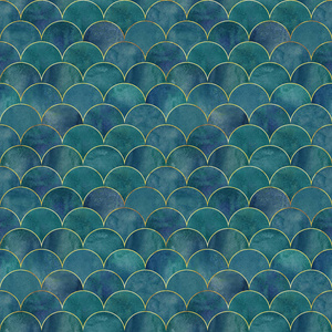 水彩画手画深蓝色茶绿色背景与金线. 水彩鳞片状纹理.