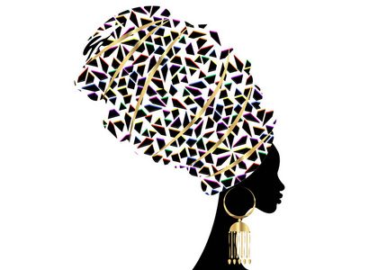 肖像，美丽的非洲妇女，传统头巾，肯特头包，非洲传统的达希基印刷，黑色妇女矢量剪影，孤立的传统黄金耳环，发型概念。