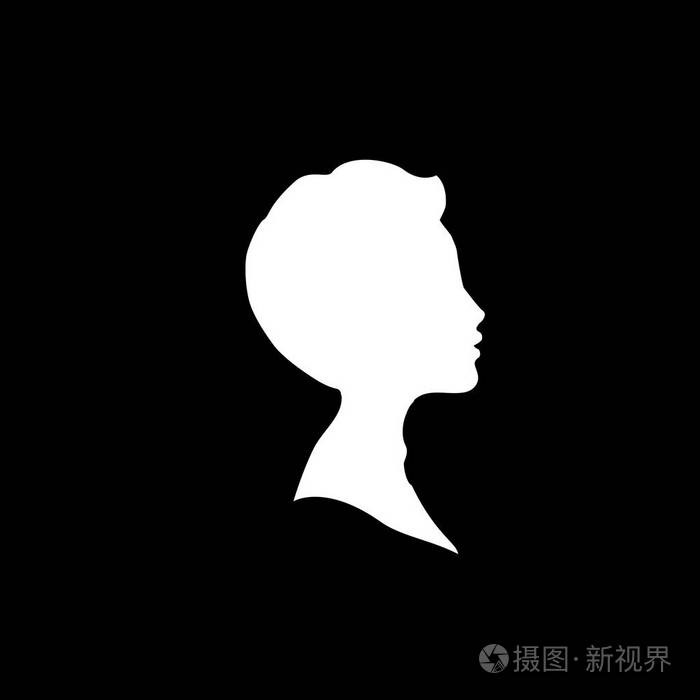 年轻男孩或男子头部侧面轮廓的白色轮廓手绘矢量插图隔离在黑色背景上