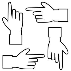 黑色轮廓轮廓轮廓的手与指向或显示在不同的方向手指。 矢量集的手光标象形图隔离在白色背景上。