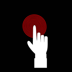 商人食指指向目标的矢量插图，商业概念，用食指触摸或按下红色目标目标或按下按钮的白手。手掌剪影。