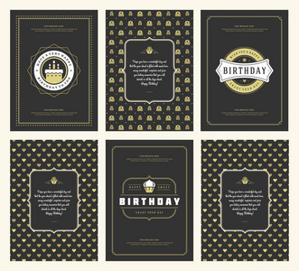 生日快乐贺卡排版设计设置矢量插图。老式生日徽章或标签与愿望信息和图案背景。