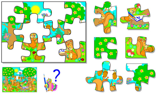 儿童和成人逻辑益智游戏。 需要为每个细节找到正确的位置。 矢量卡通形象。