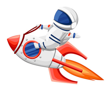 可爱的宇航员插图。 宇航员坐在火箭上，在太空中飞行。 卡通设计风格。 在白色背景上隔离的平面矢量插图。