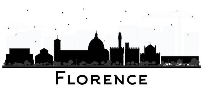 佛罗伦萨意大利城市天际线轮廓与黑色建筑隔离在白色。 矢量图。 现代建筑的商务旅游和旅游理念。 佛罗伦萨城市景观与地标。