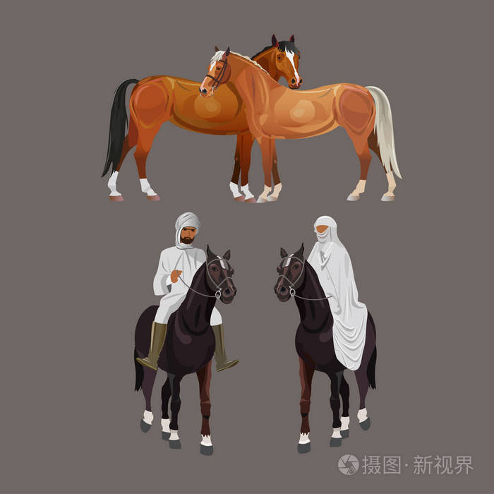 阿拉伯骑手穿传统服装和马。 白色背景下分离的矢量插图