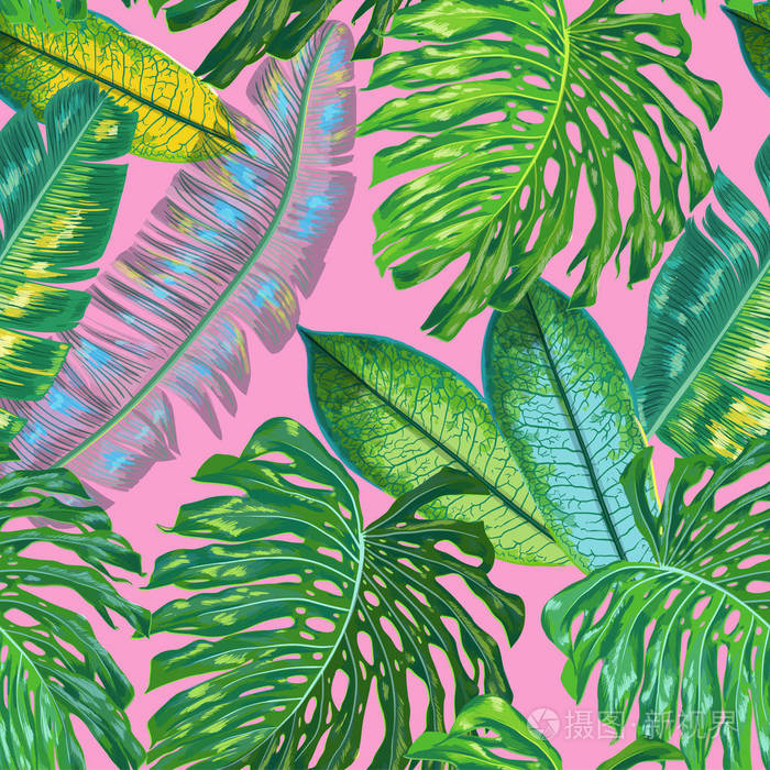 插画 花卉热带无缝图案.棕榈叶水彩背景的墙纸, 织物, 纺织, 包装纸.
