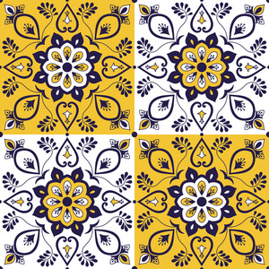 摩洛哥瓷砖图案矢量与巴洛克花卉装饰。 葡萄牙阿祖莱霍，墨西哥塔拉韦拉，西班牙，意大利，摩洛哥，阿拉伯图案。 壁纸或地板陶瓷的瓷砖