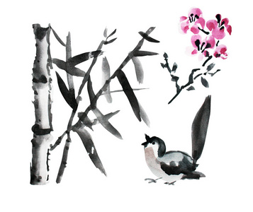 装饰水彩竹植物鸟和樱花夹设计元素。 可用于卡片邀请横幅海报印刷设计。 水彩花背景