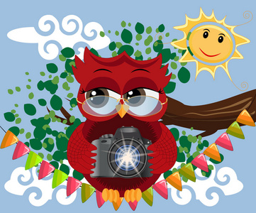 一只带眼镜的红甜猫头鹰和一架照相机坐在晴朗阳光明媚的日子里的花环上。 摄影业摄影师职业