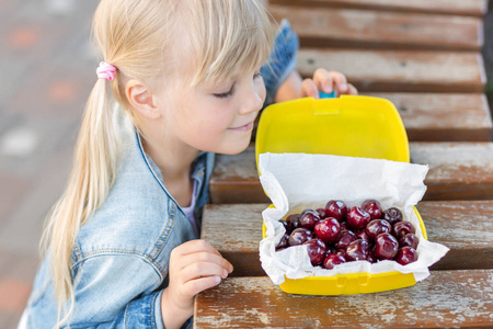 可爱的白种人金发女孩看着午餐盒，在户外的木桌上放着新鲜美味的甜樱桃。 孩子要在塑料盒子里吃甜的有机浆果。 儿童健康食品概念。