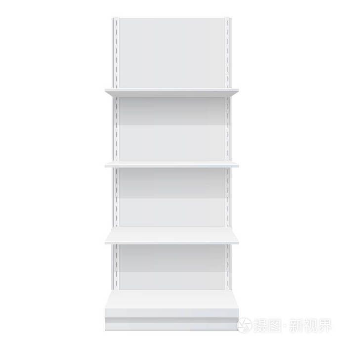 广告pospoi展示架货架超市地板陈列柜在白色背景. 前面的风景. 细长的