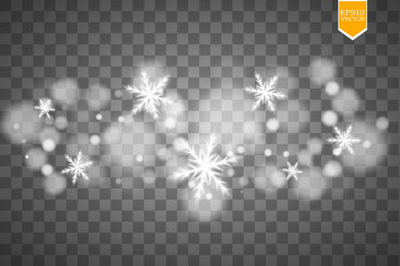 闪耀白色雪花与闪光隔离在透明的背景。 圣诞装饰与闪亮的闪光效果。 向量EPS10