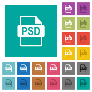 PSD文件格式多彩色平面图标上的普通方形背景。 包括白色和较暗的图标变化悬停或活动效果。