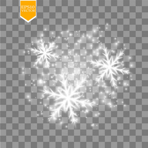 闪耀白色雪花与闪光隔离在透明的背景。 圣诞装饰与闪亮的闪光效果。 向量EPS10