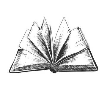 手绘的开放书的素描单色隔离在白色背景上. 详细的老式木刻风格图纸.