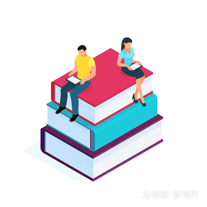 三维年轻夫妇坐在一堆书上,用电脑平板电脑阅读. 教育观念. 矢量图.