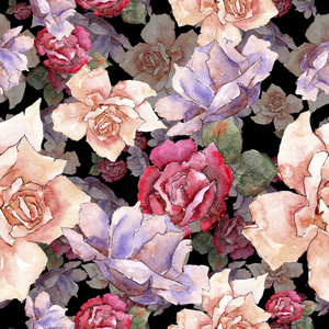 五颜六色的玫瑰。 花卉植物花卉。无缝背景图案。 织物壁纸印花纹理。 背景纹理包装图案框架或边框的水花野花。