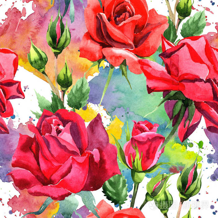 红色混合玫瑰。 花卉植物花。 无缝背景图案。 织物壁纸印花纹理。 背景纹理包装图案框架或边框的水花野花。