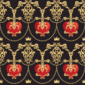 无缝的锦缎图案与美丽的观赏红心 s 与皇冠上黑色背景。矢量插图