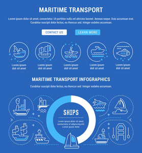 海运线路插图。 网页横幅和印刷材料的概念。 带有网站横幅和登陆页面按钮的模板。