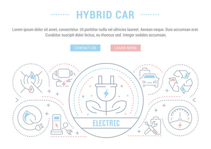 混合动力汽车的线条插图。 网页横幅和印刷材料的概念。 带有网站横幅和登陆页面按钮的模板。