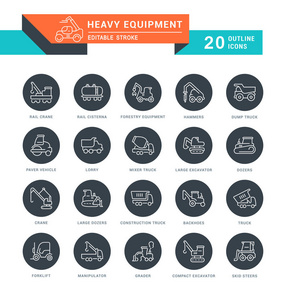 一组轮廓白色图标上的黑色回合重型设备与名称。 收集矢量细线标志。 用于Web图形和应用程序的简单线性象形文字包。
