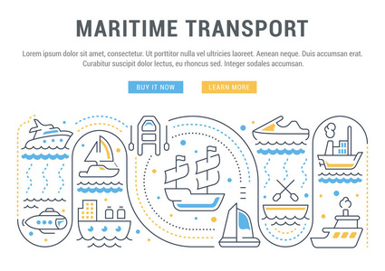 海运线路插图。 网页横幅和印刷材料的概念。 带有网站横幅和登陆页面按钮的模板。