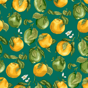 与水果无缝图案。 新鲜的橘子和柠檬，树枝上有花，叶子在图形矢量插图中，颜色鲜艳，逼真