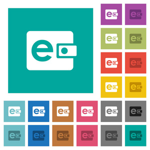 电子钱包多彩色平面图标上的普通方形背景。 包括白色和较暗的图标变化悬停或活动效果。